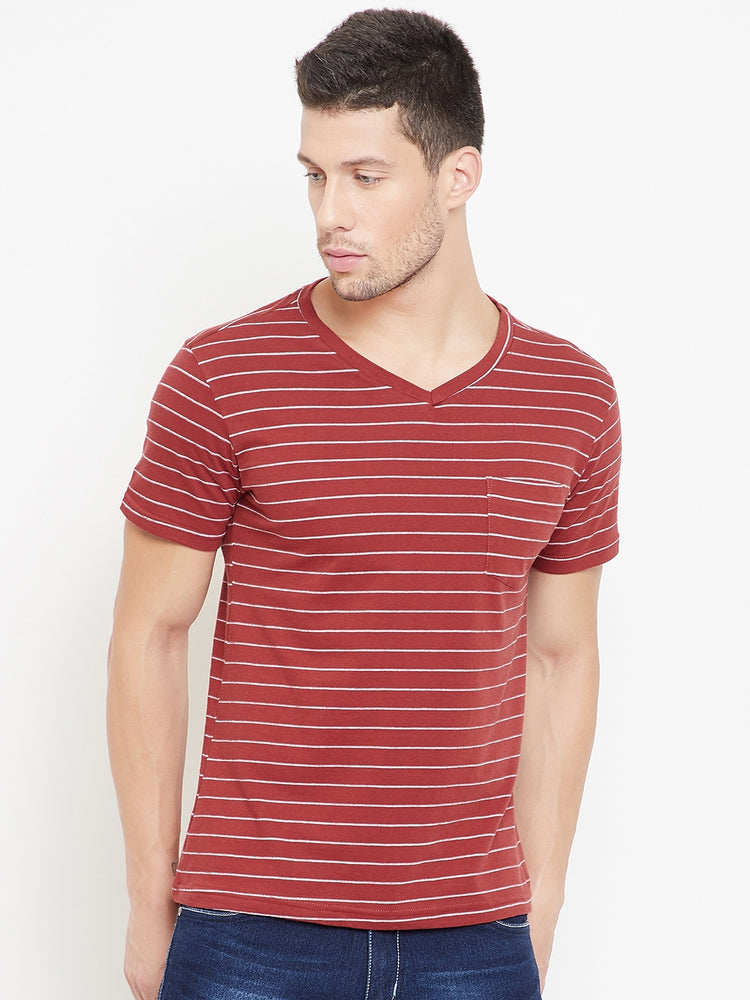 JUMP USA Men Red Striped V-neck T-shirt - JUMP USA