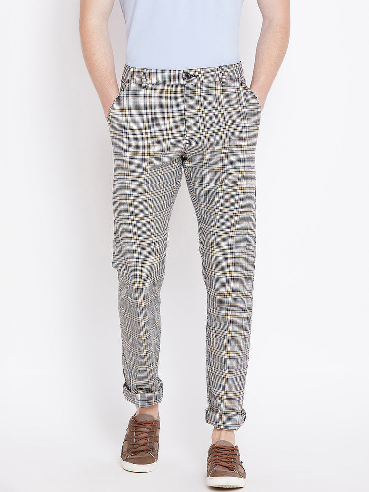 Men Grey Checked Casual Slim Fit Trousers - JUMP USA