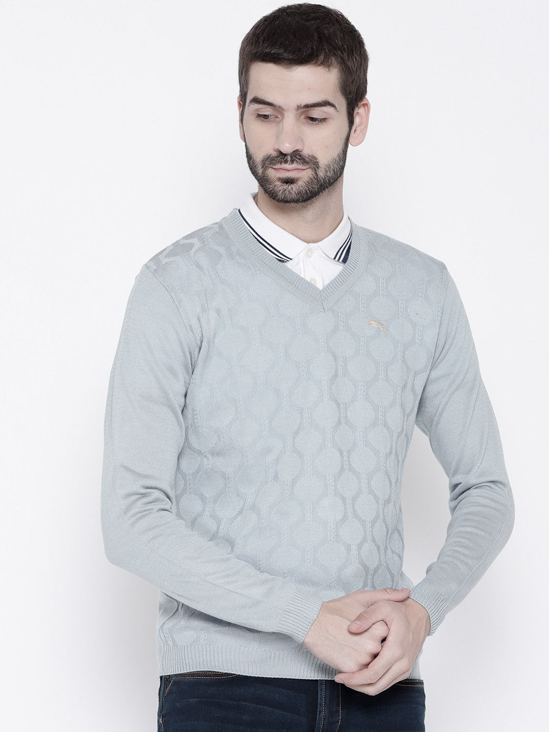 Men Blue Self Design Pullover - JUMP USA