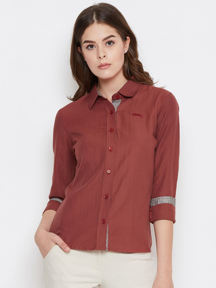 Women Red Solid Casual Slim Fit Shirt - JUMP USA