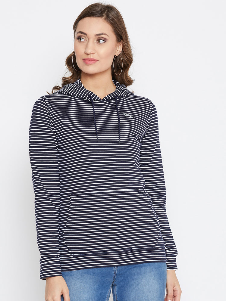 JUMP USA Women Navu Blue And White Striped Hoodies Sweatshits - JUMP USA