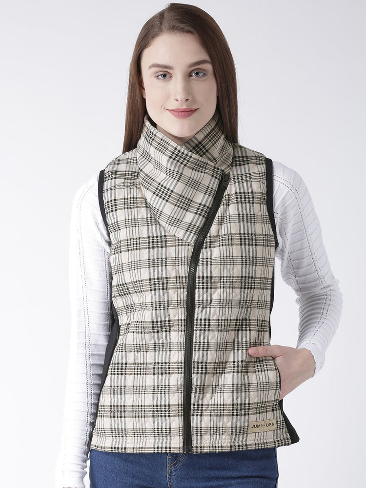 Women 's Polyster Casual Sleeveless Beige Winter Jacket - JUMP USA (1568777633834)