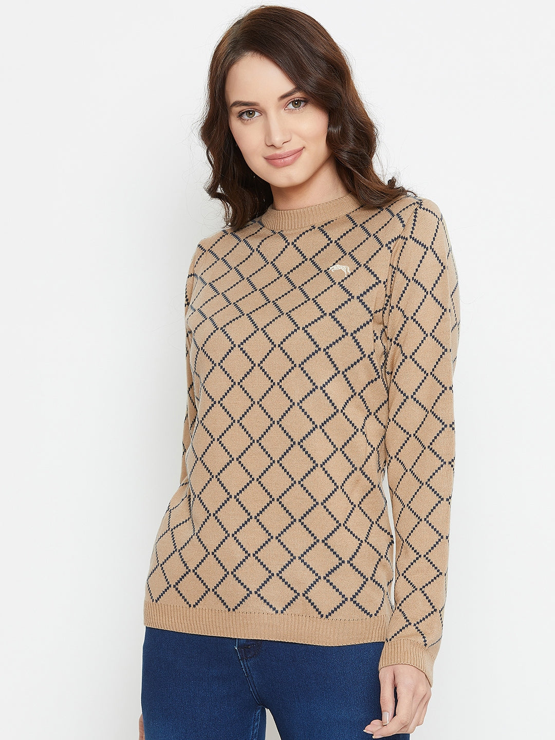Women Safari & Navy Blue Acrylic Checked Sweater - JUMP USA