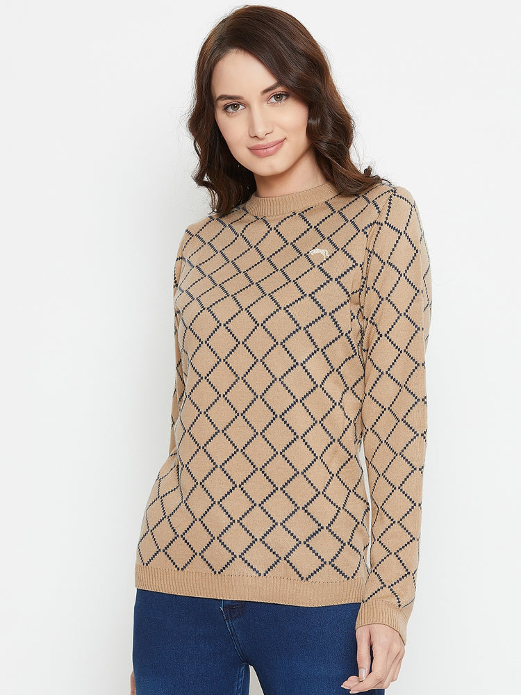 Women Safari & Navy Blue Acrylic Checked Sweater - JUMP USA