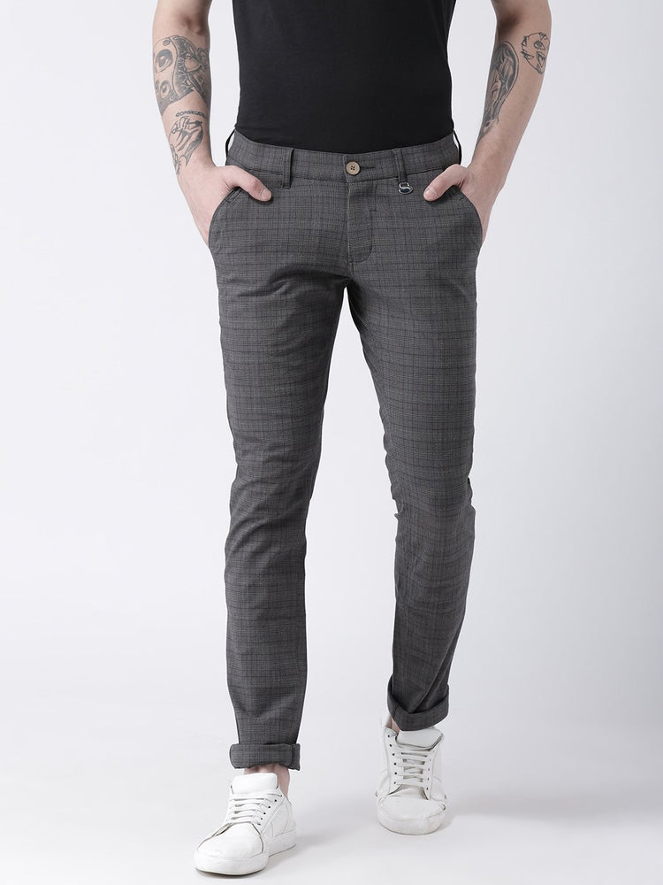 Men Charcoal Slim Fit Checked Chinos - JUMP USA