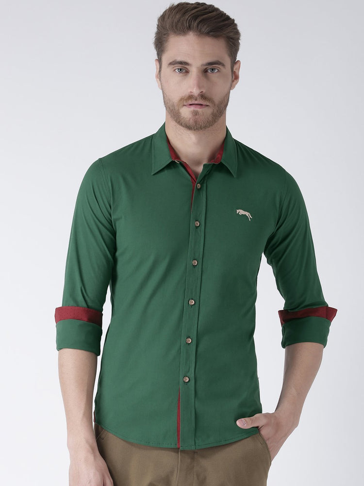 Men Green Solid Cotton Regular Fit Shirt - JUMP USA
