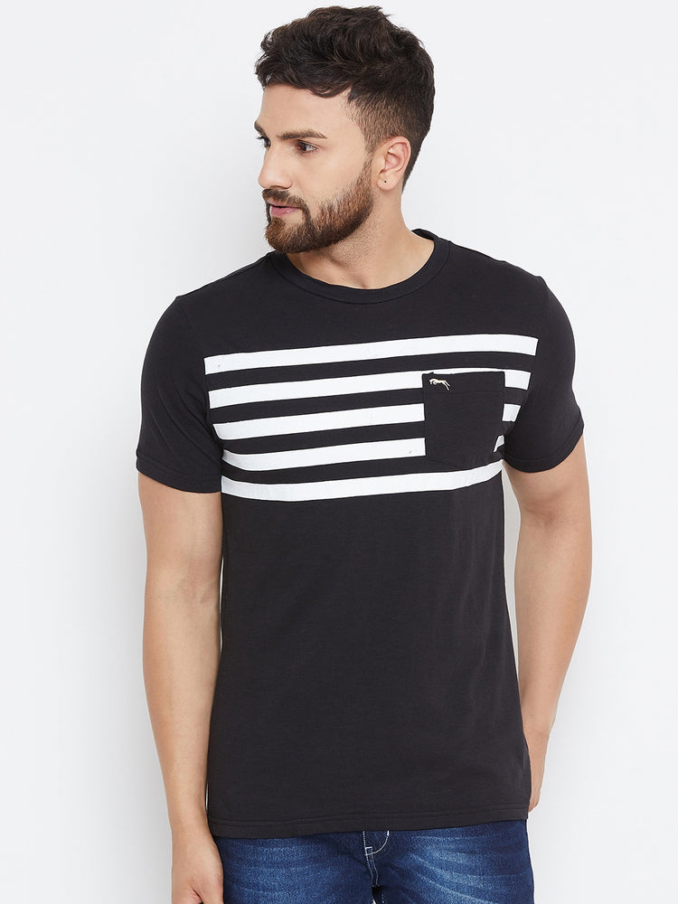 Men Black Striped Round Neck T-shirt - JUMP USA