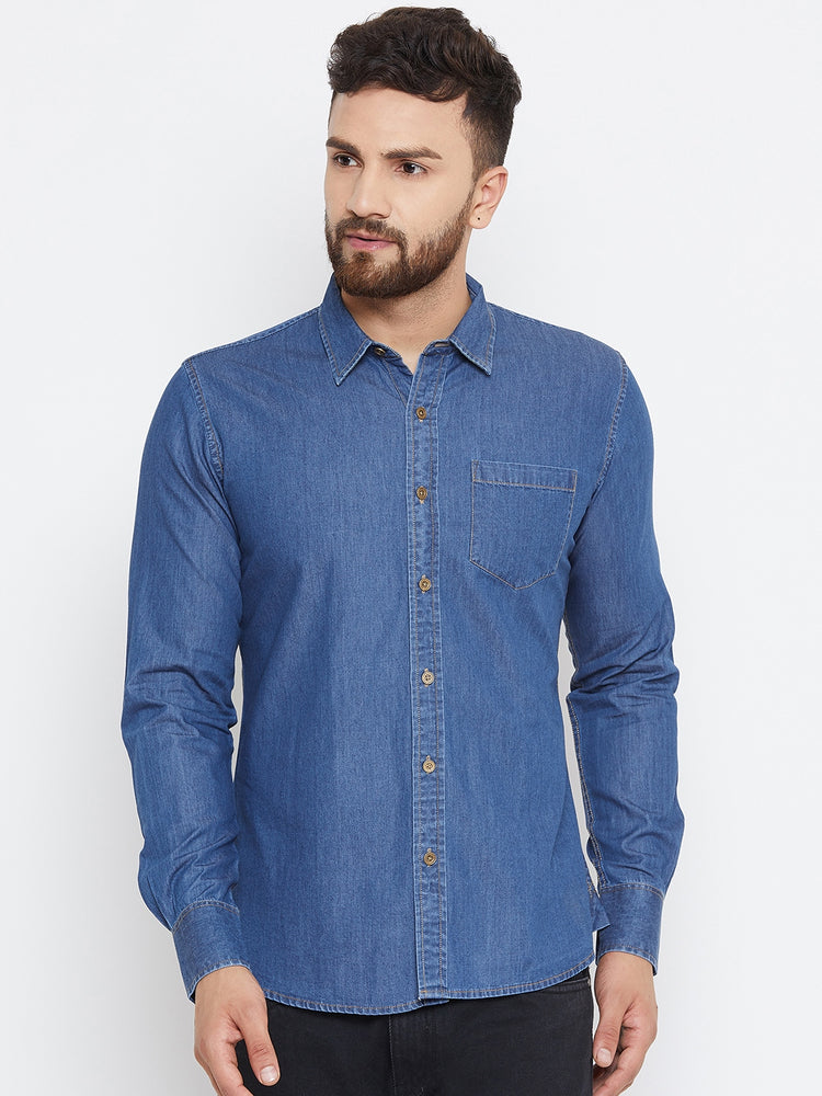 Men Dark Blue Washed Slim Fit Casual Shirt - JUMP USA