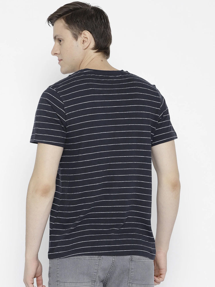 Men Navy Blue Striped V-Neck T-shirt - JUMP USA