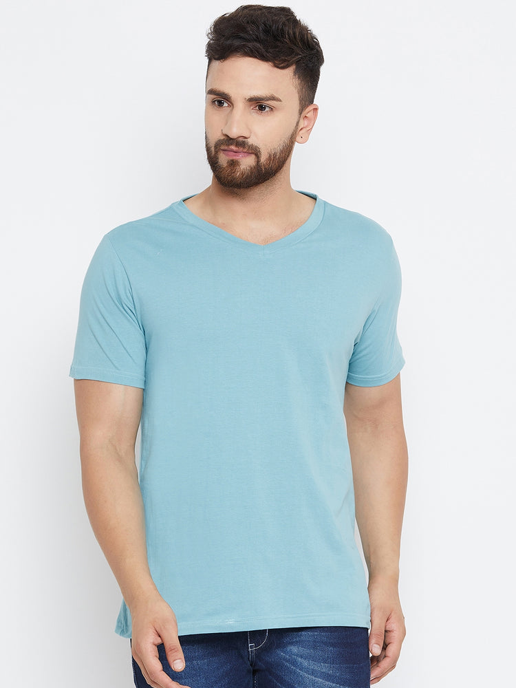Men Blue Solid V Neck T-shirt - JUMP USA