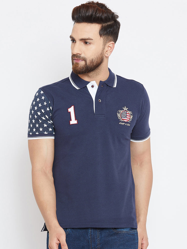 Men Navy Blue Casual Polo Collar T-shirt - JUMP USA