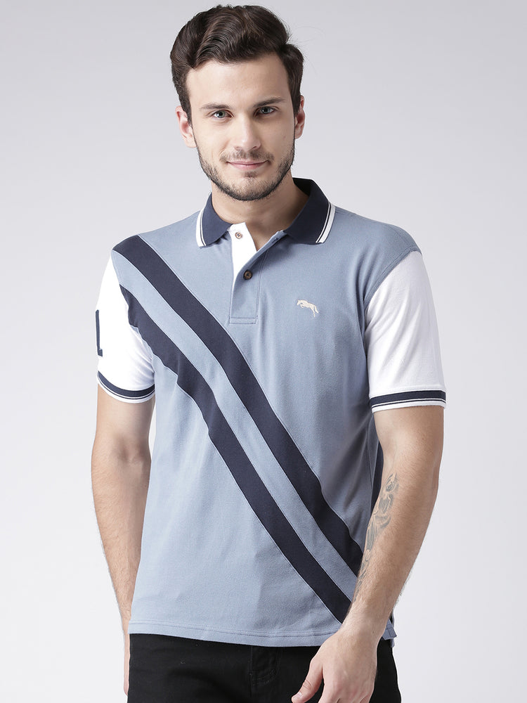 Men Casual Solid Blue Polo Collar T-Shirt - JUMP USA