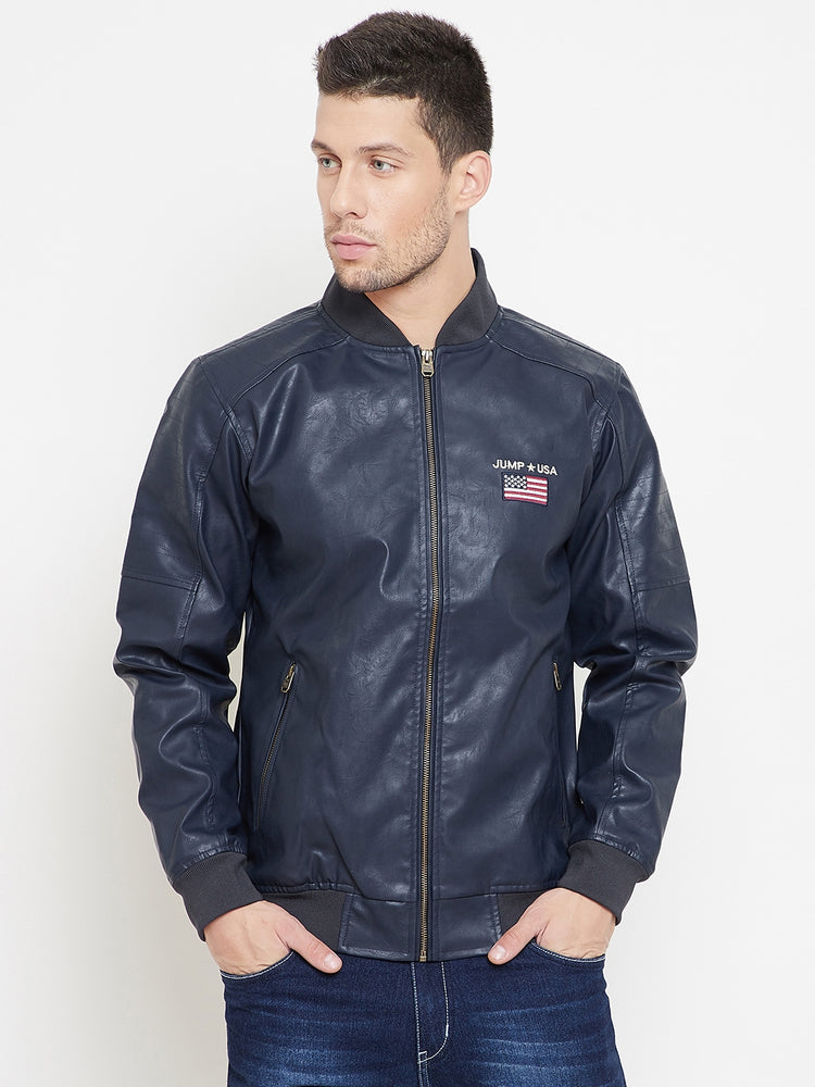 JUMP USA Navy Solid Casual PU Leather Varsity Jacket - JUMP USA