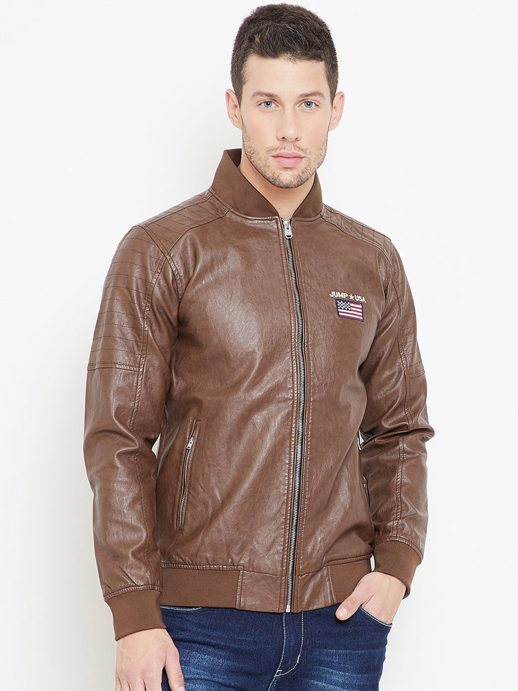 JUMP USA Tan Solid Casual PU Leather Varsity Jacket - JUMP USA
