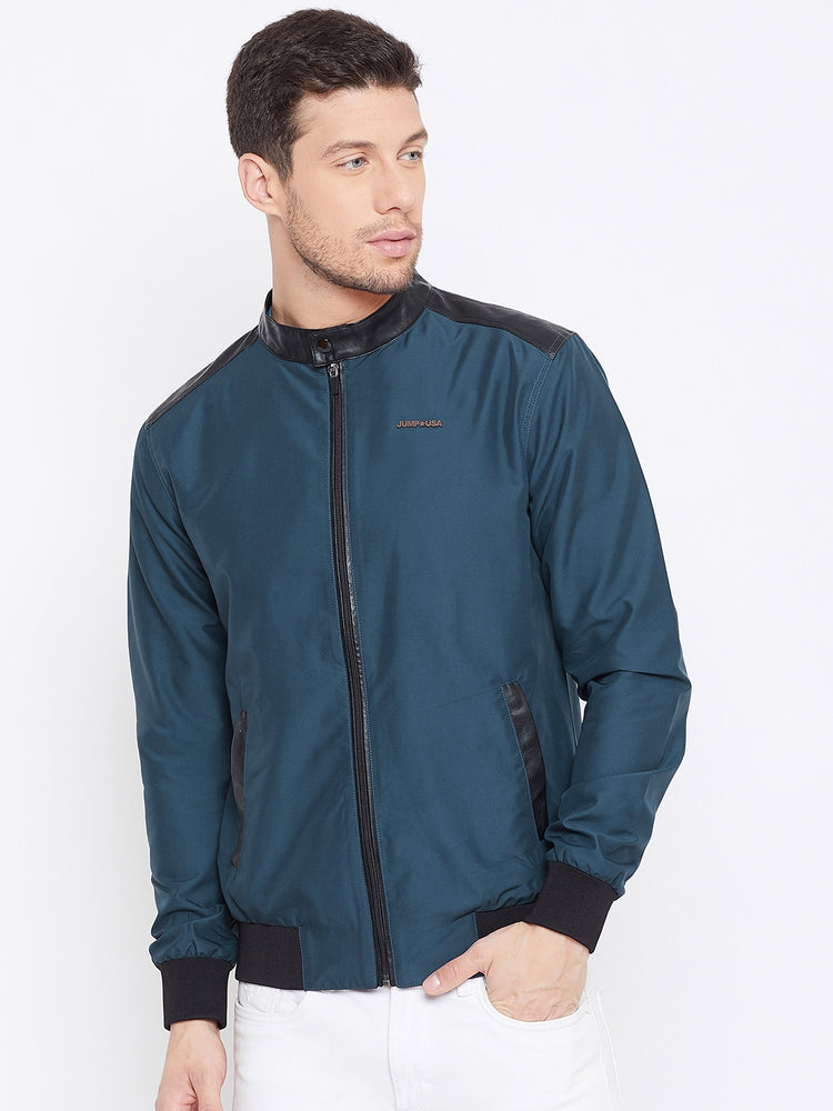 JUMP USA Men Teal Solid Casual Bomber Jacket - JUMP USA