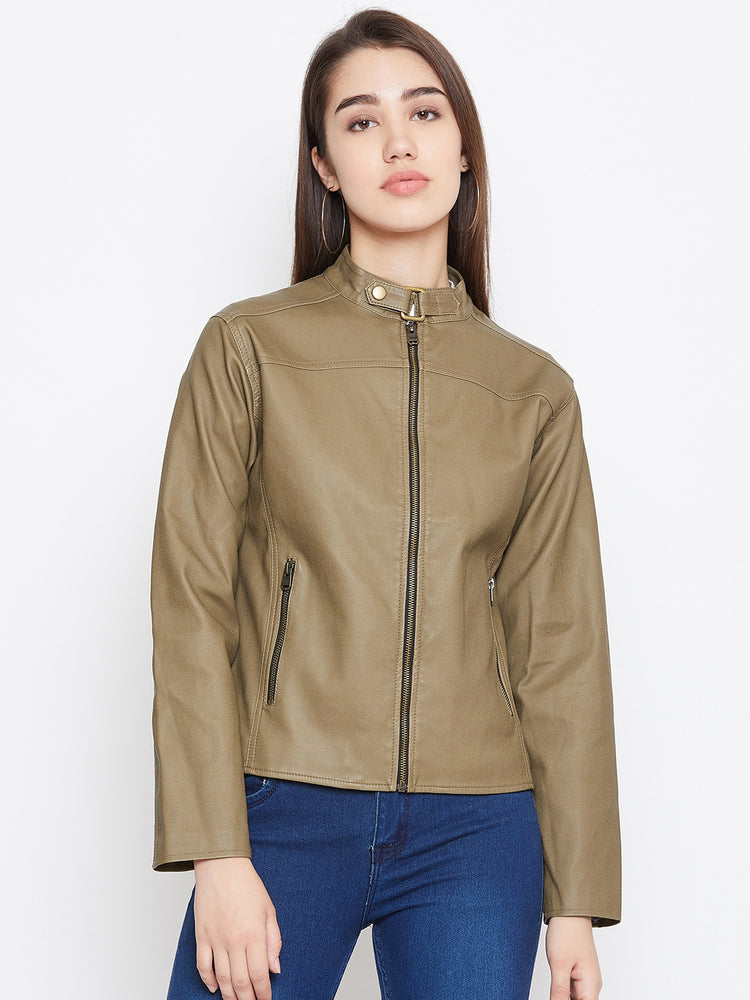 JUMP USA Women Khaki Solid Biker Jacket - JUMP USA