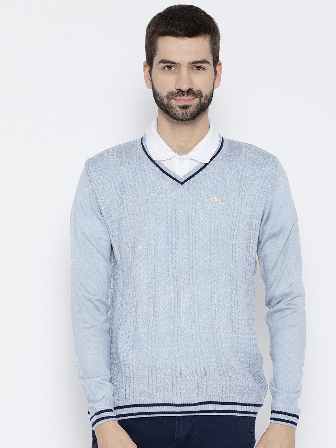 Men Blue Self Design Pullover - JUMP USA