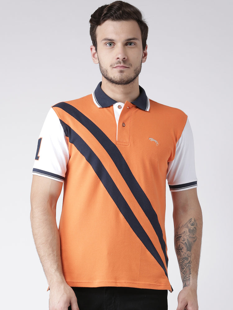 Men Casual Solid Orange Polo Collar T-Shirt - JUMP USA