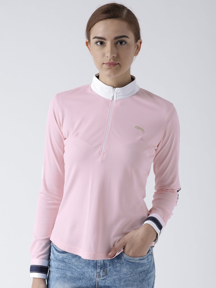 Women Solid Pink Polo T-Shirt - JUMP USA