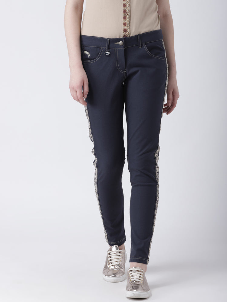 Women Navy Blue Casual Trousers - JUMP USA