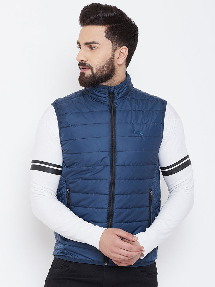 JUMP USA Men Blue Sleevless Solid Bomber Jacket - JUMP USA