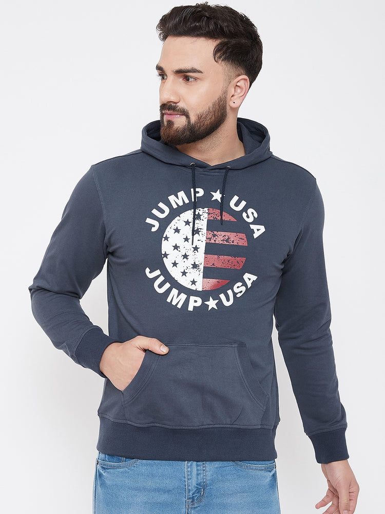 JUMP USA Men Navy Blue Self Design Hooded Sweatshirt - JUMP USA