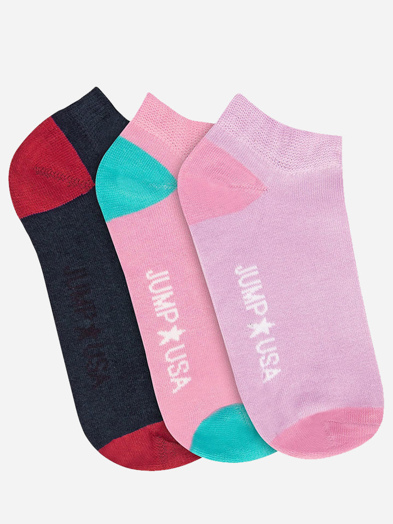 JUMP USA Women's Pack of 3 Ankle length Socks | Women's's Casual Socks for Everyday Wear - Sweat Proof, Quick Dry, Padded for Extra Comfort | Navy Blue/Pink/Purple