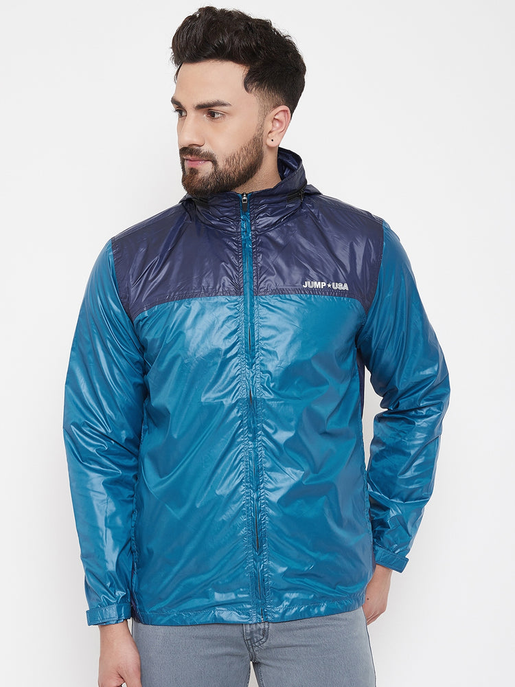 JUMP USA Men Navy Blue Colourblocked Rain Jacket - JUMP USA
