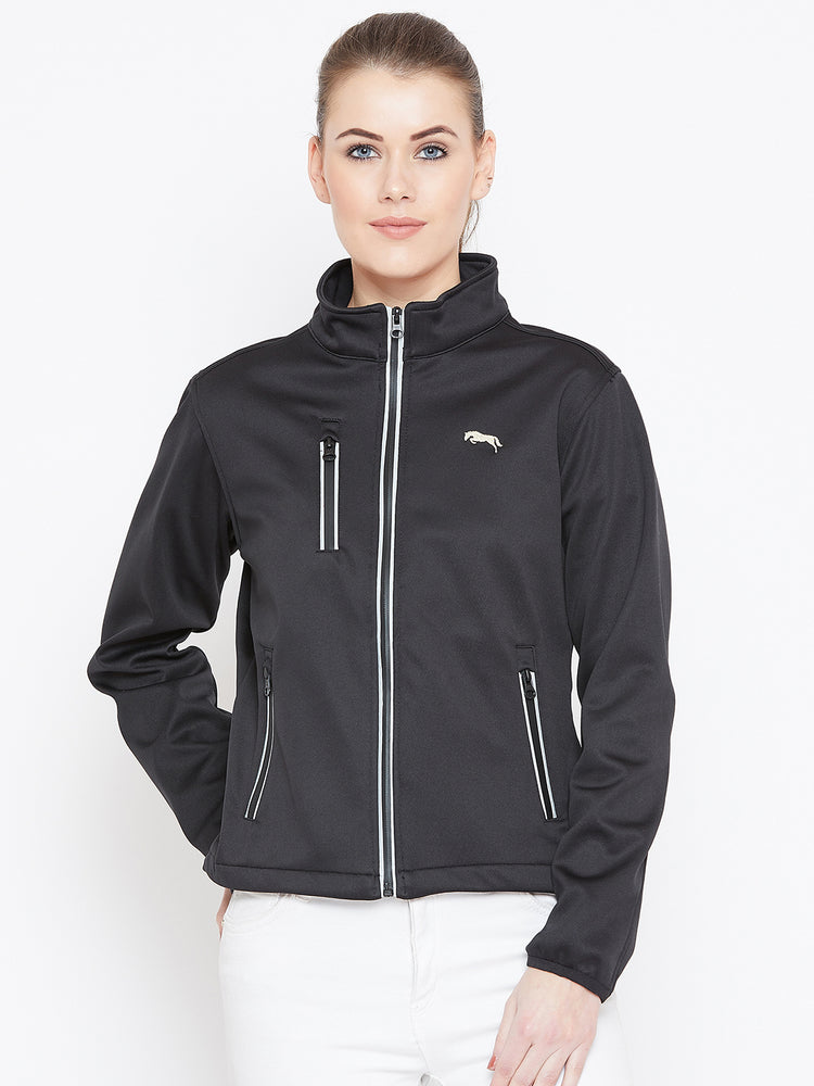 Women Black Solid Sporty Jacket - JUMP USA