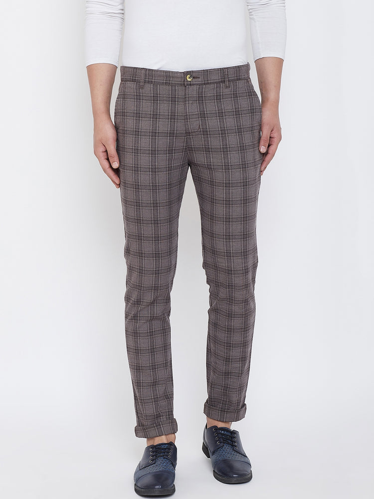 JUMP USA Men Grey Check Slim Fit Cotton Casual Trousers - JUMP USA