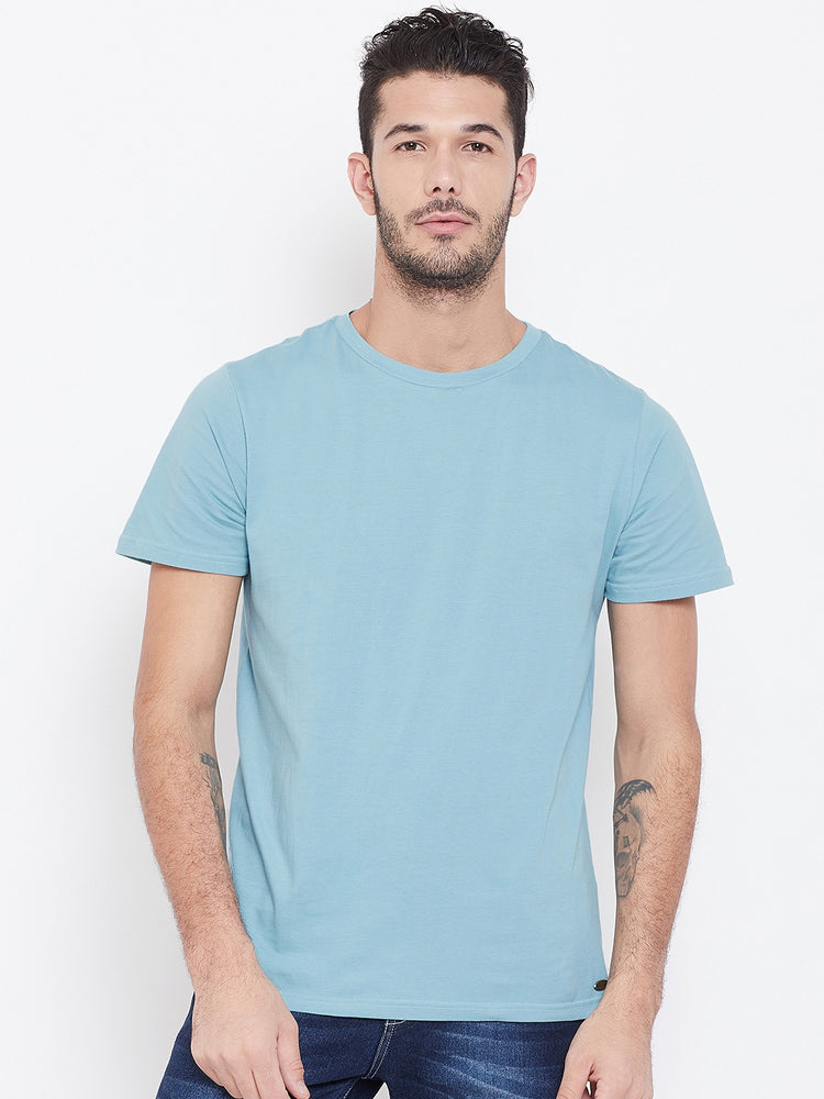 Men Blue Solid Round Neck T-shirt - JUMP USA