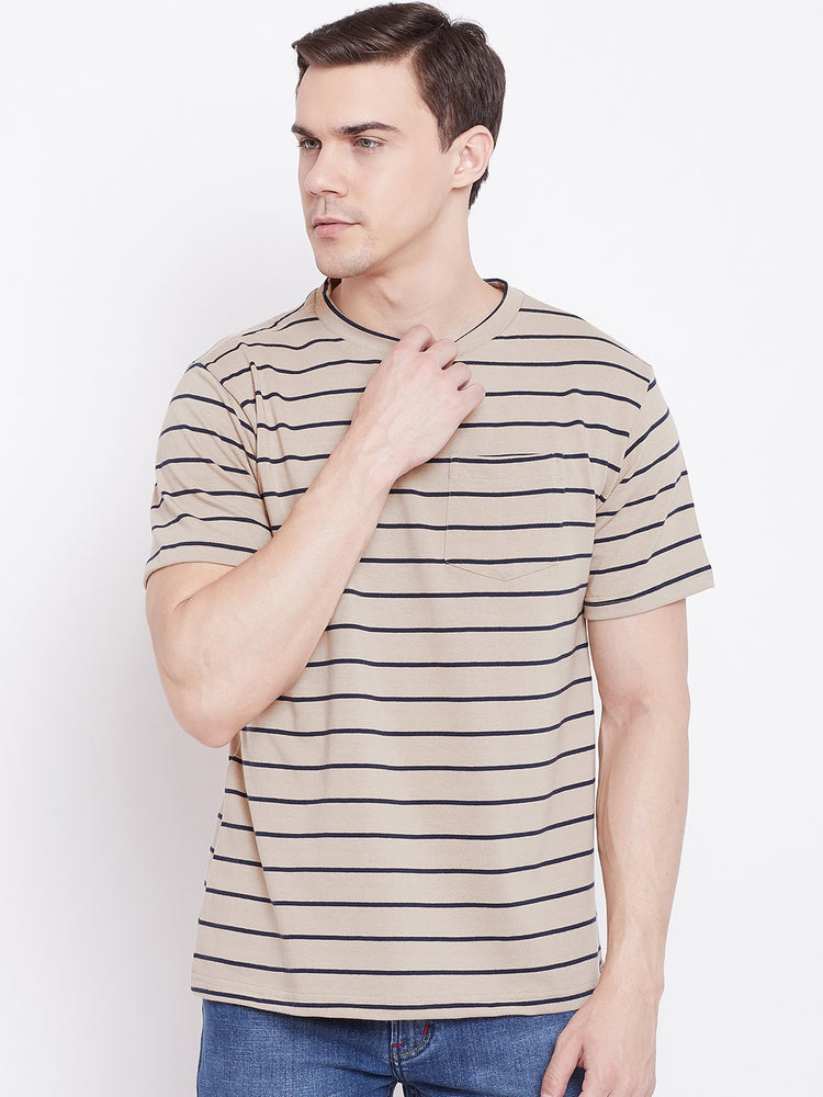 JUMP USA Men Beige Striped Round Neck T-shirt - JUMP USA