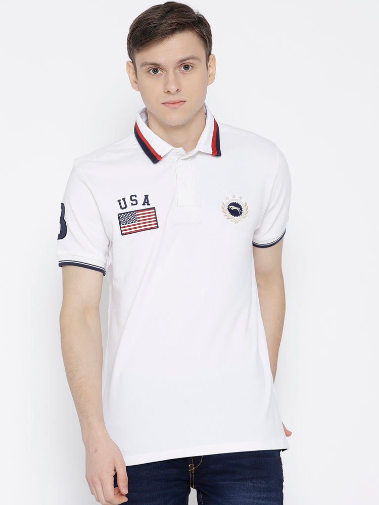 Men White Solid Polo Collar T-shirt - JUMP USA