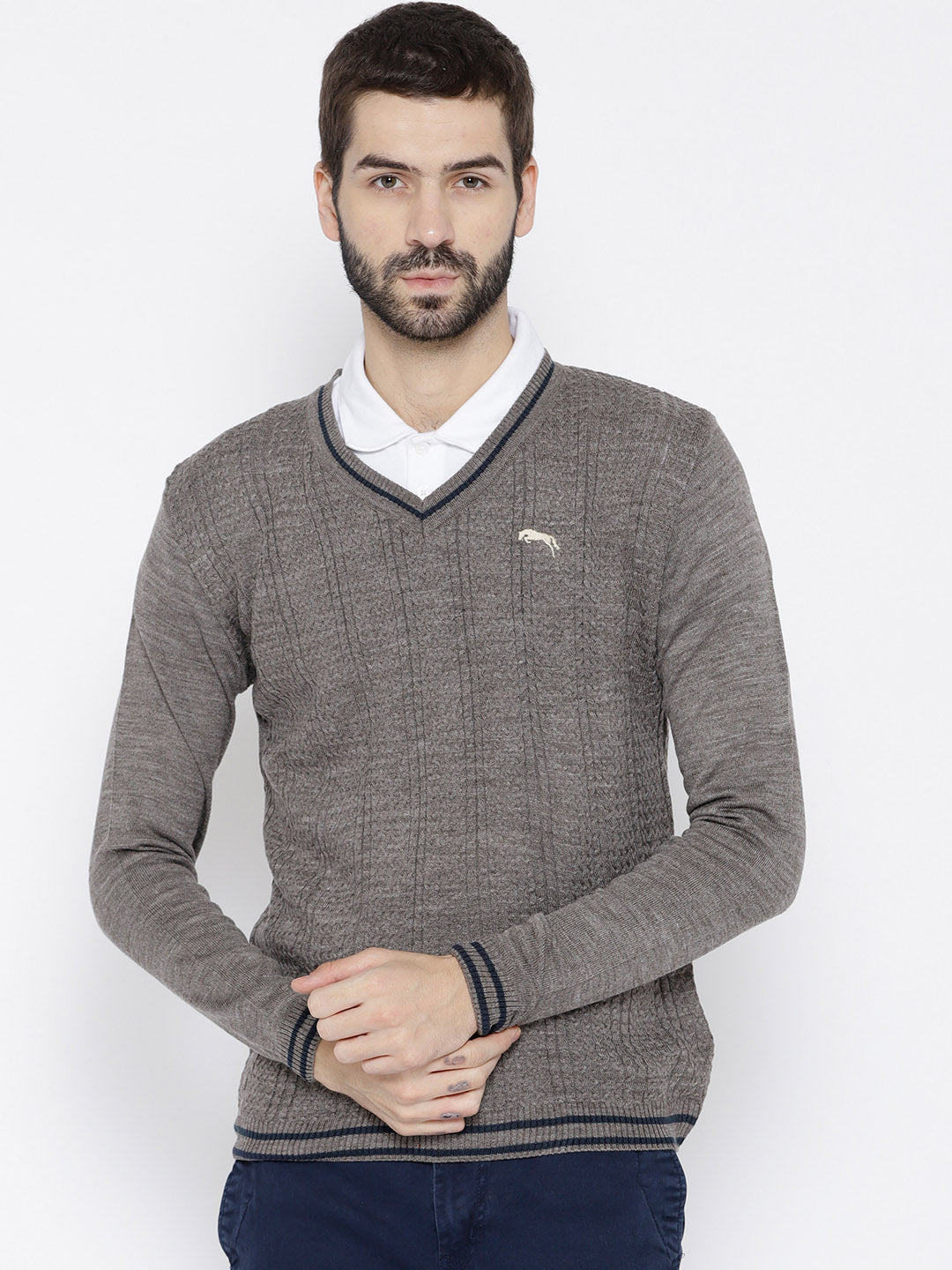 Men Beige self Design Pullover - JUMP USA