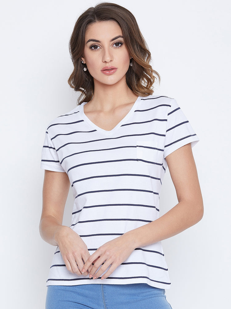 JUMP USA Women Navy Blue Striped V-neck T-shirt - JUMP USA