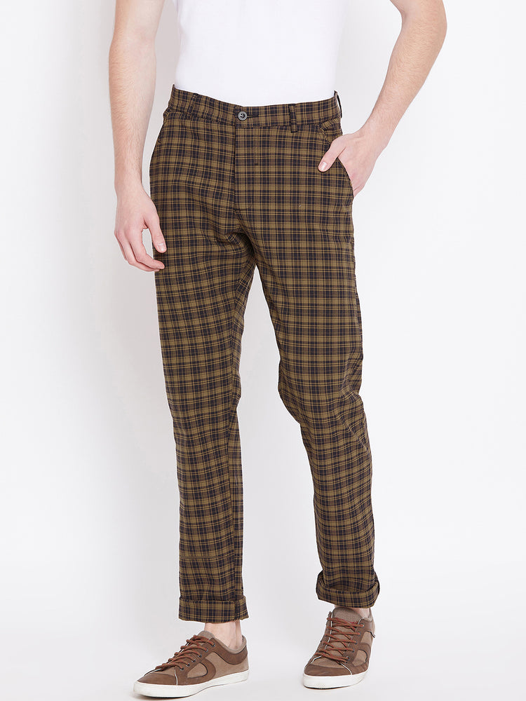 Men Brown Checked Casual Regular Fit Trousers - JUMP USA