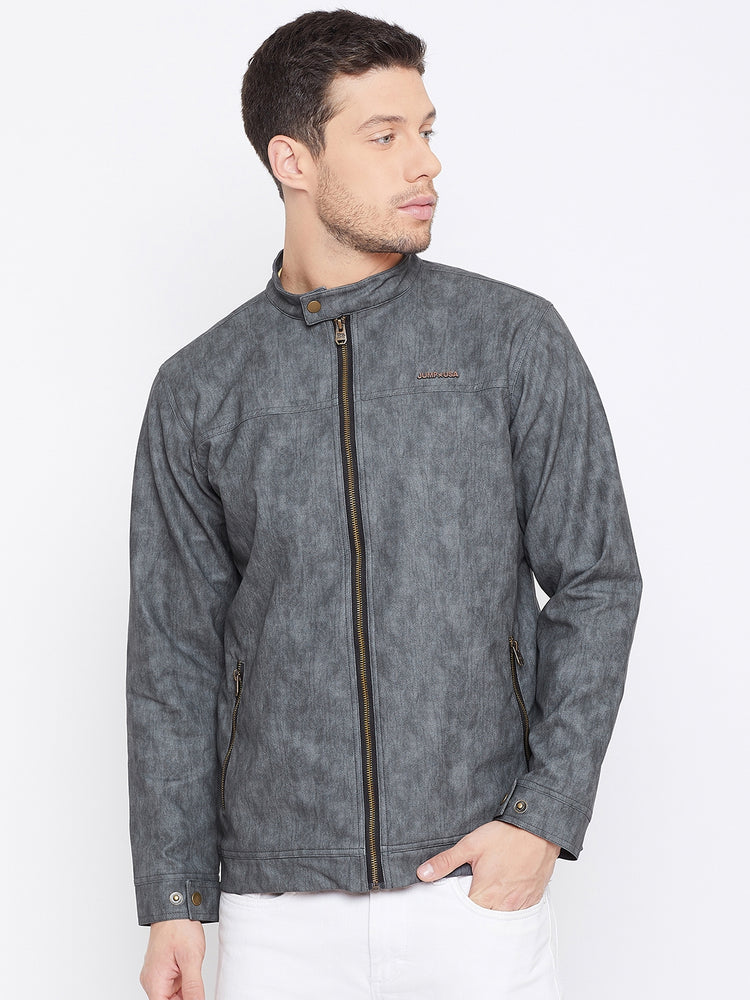 JUMP USA Men Grey Solid Casual Leather Jacket - JUMP USA