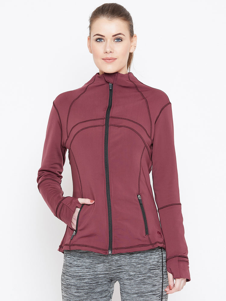 Women Maroon Solid Sporty Jacket - JUMP USA