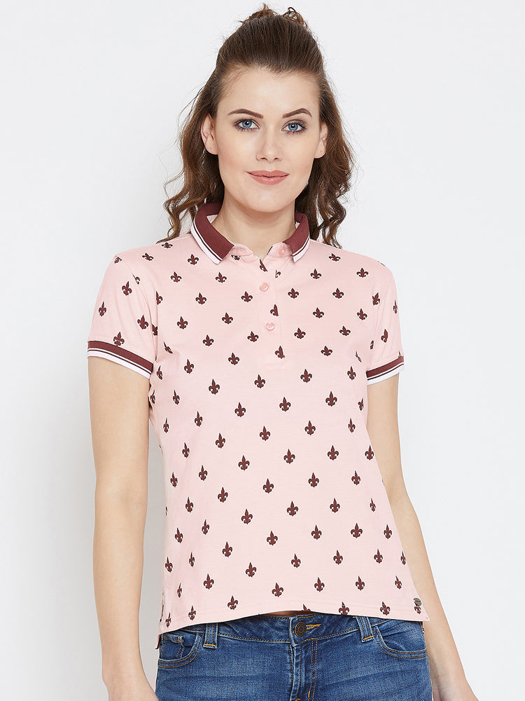 JUMP USA Women Pink Printed Polo Collar T-Shirt - JUMP USA