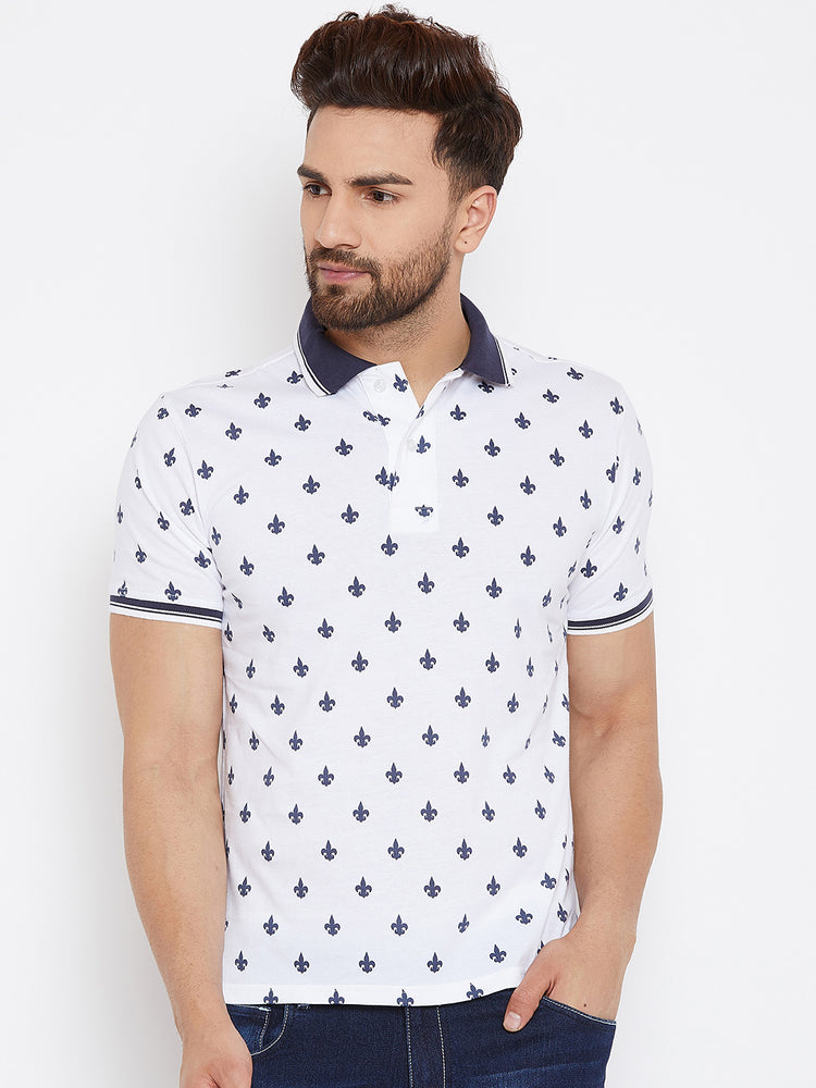JUMP USA Men White Printed Polo Collar T-Shirt - JUMP USA