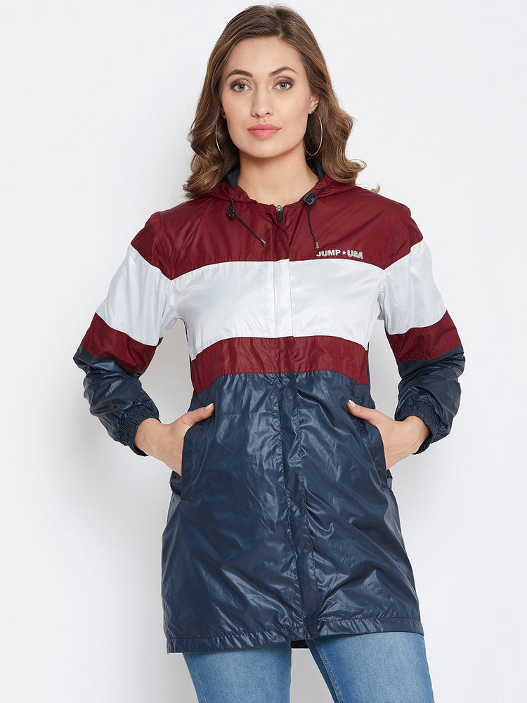 JUMP USA Women Navy Blue Colourblocked Windcheater Jacket - JUMP USA