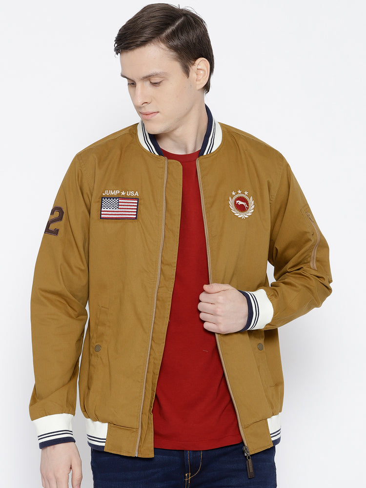Men Khaki Solid Bomber Jacket - JUMP USA