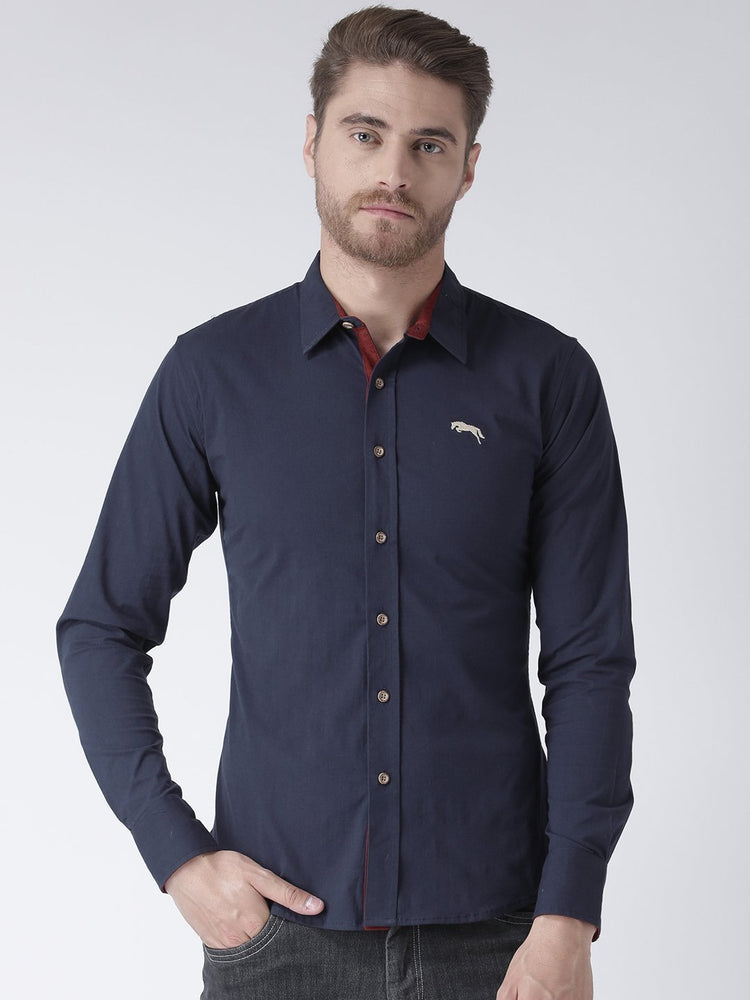 Men Navy Blue Solid Cotton Regular Fit Shirt - JUMP USA