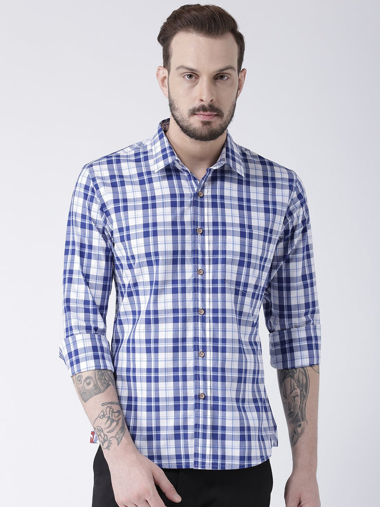 Men Navy Blue Checked Cotton Slim Fit Shirt - JUMP USA