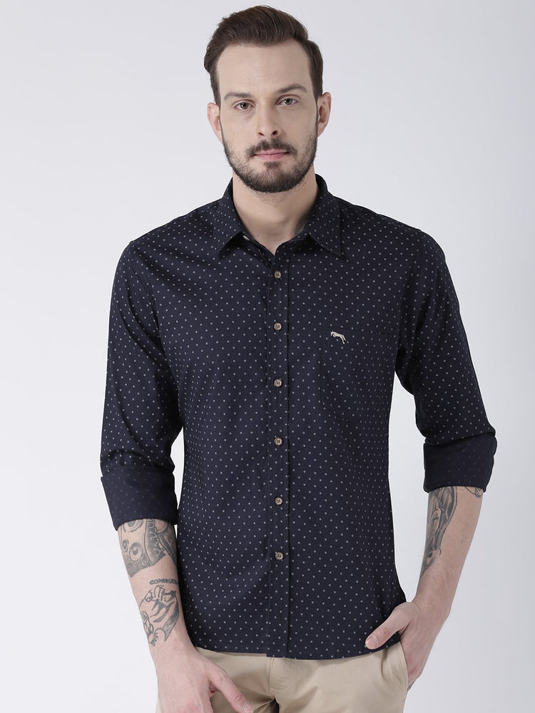 Men Navy Blue Printed Cotton Slim Fit Shirt - JUMP USA