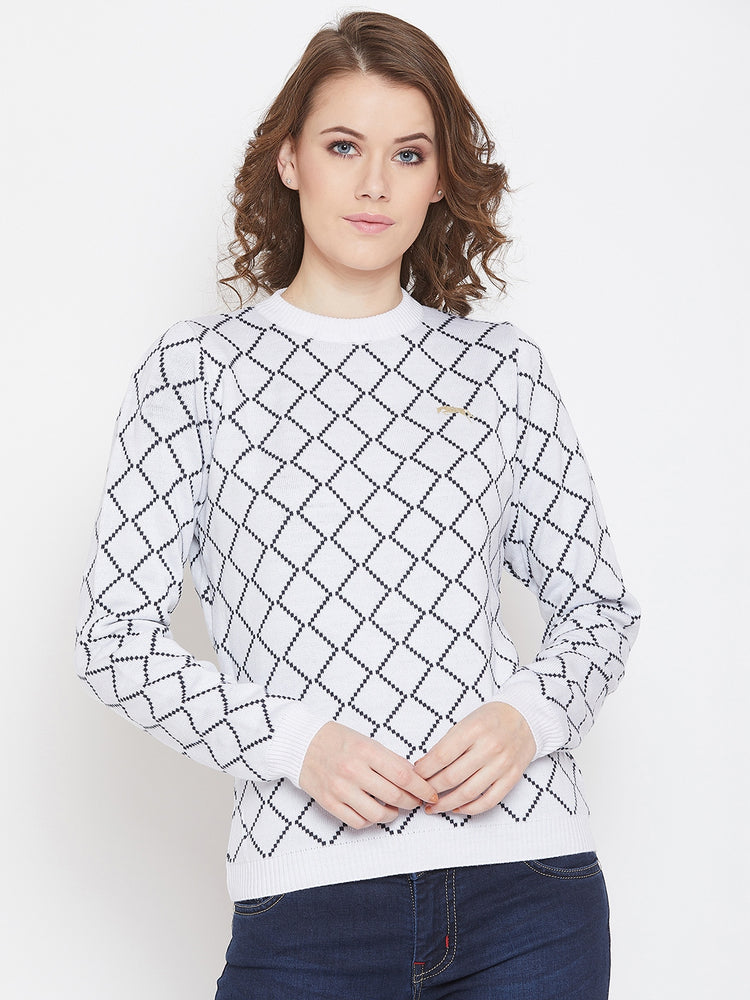 JUMP USA Women White & Navy Blue Acrylic Checked Sweater - JUMP USA