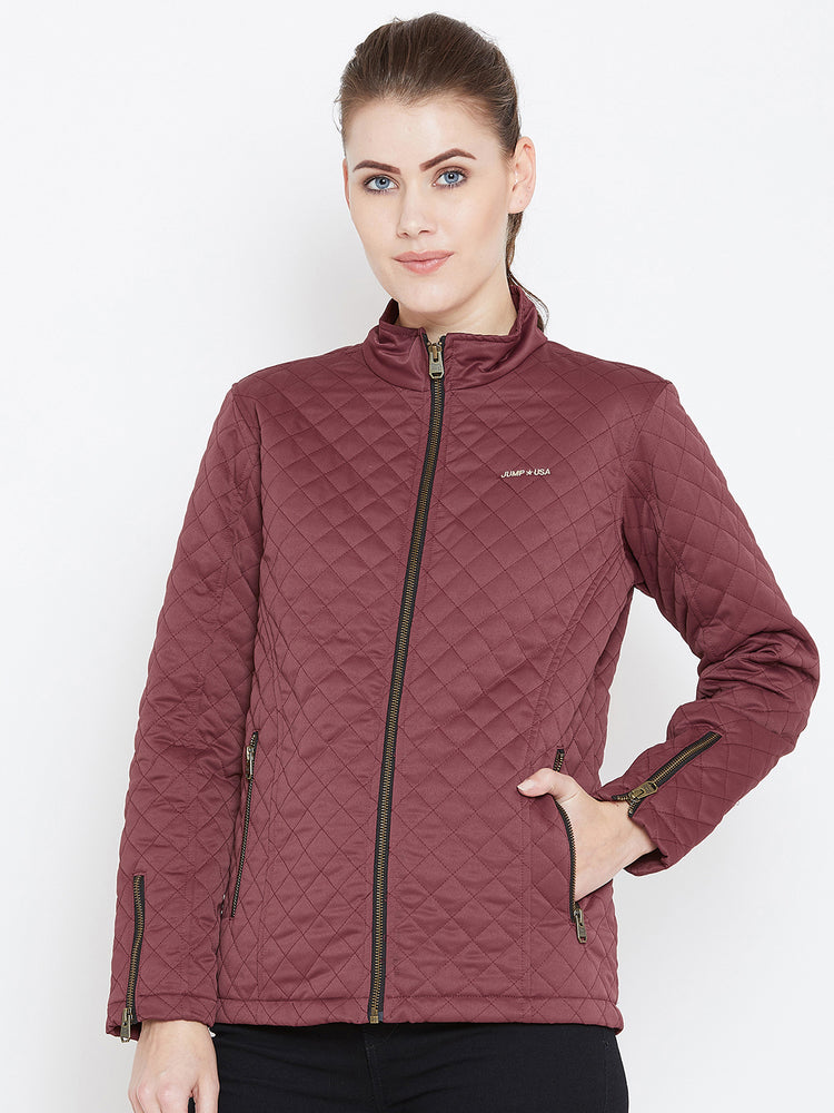Womens Solid Wine Quilted Jacket - JUMP USA