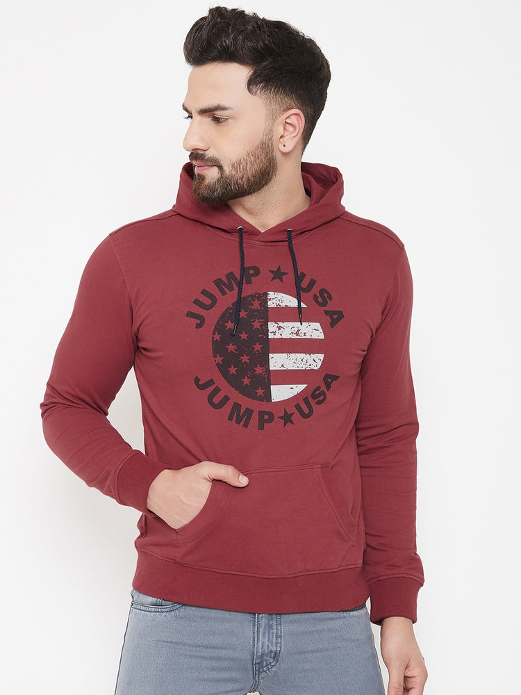 JUMP USA Men Red Self Design Hooded Pullover Sweatshirt - JUMP USA