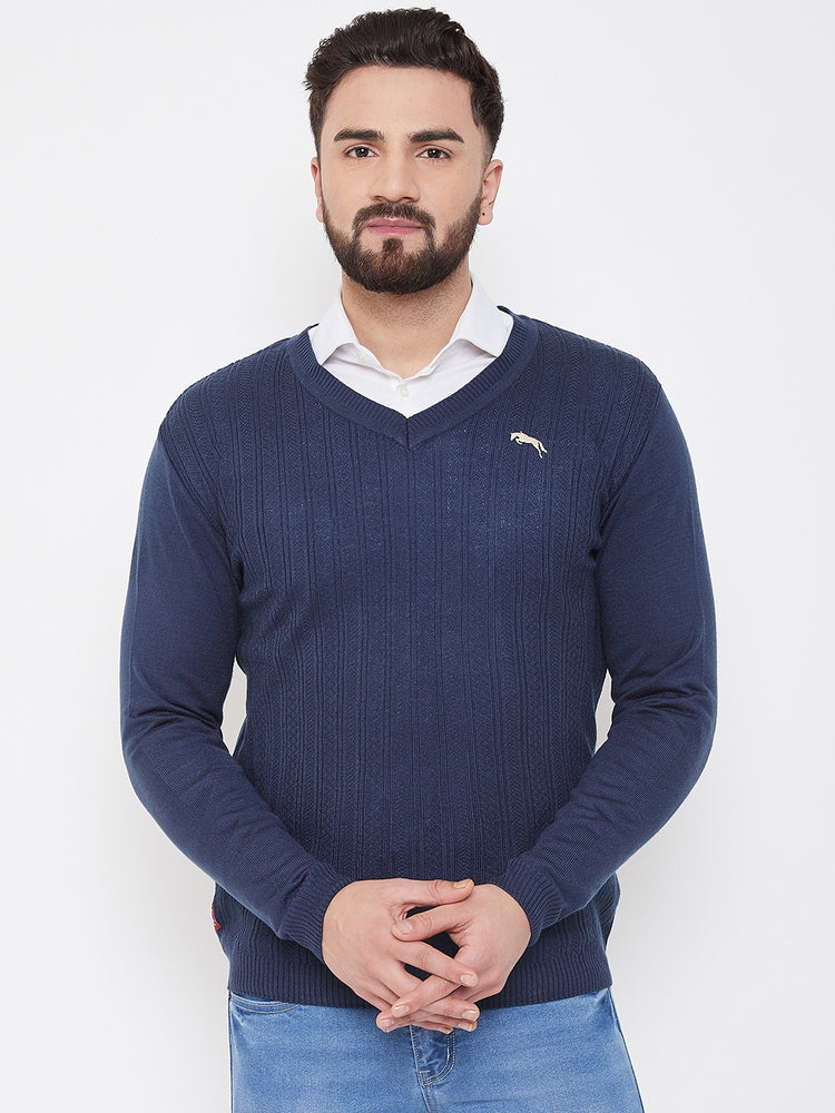 JUMP USA Men Navy Blue Self Design Sweater - JUMP USA