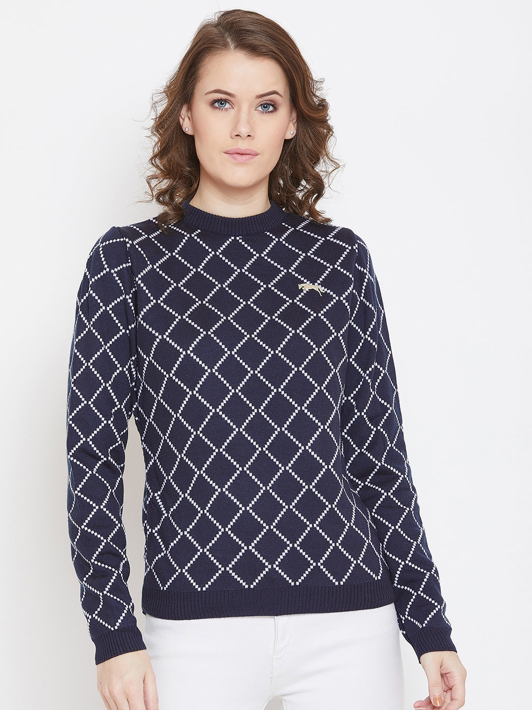 JUMP USA Women Navy Blue & White Acrylic Checked Sweater - JUMP USA